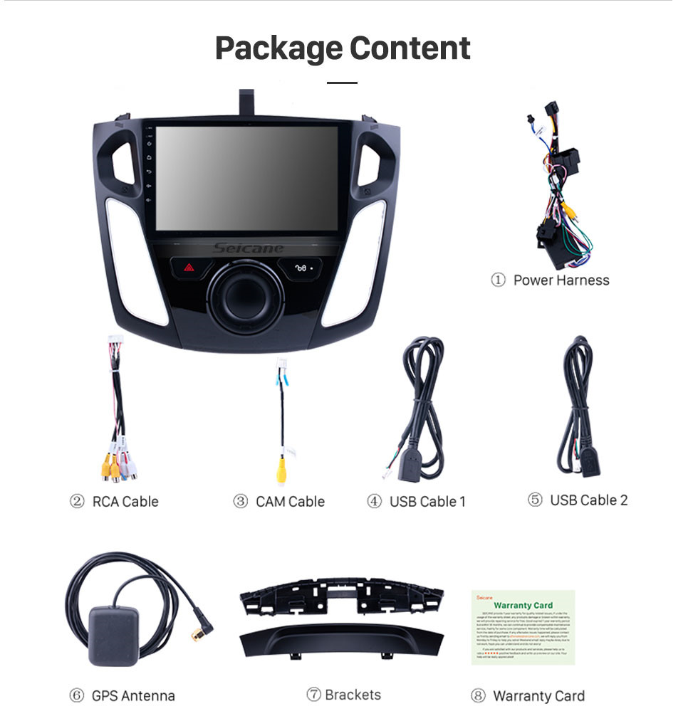 Seicane 9 pouces Android 13.0 Navigation GPS HD 1024 * 600 Radio à écran tactile pour 2011 2012-2015 Ford Focus avec Bluetooth WIFI 1080P USB Mirror Link OBD2 DVR Commande au volant