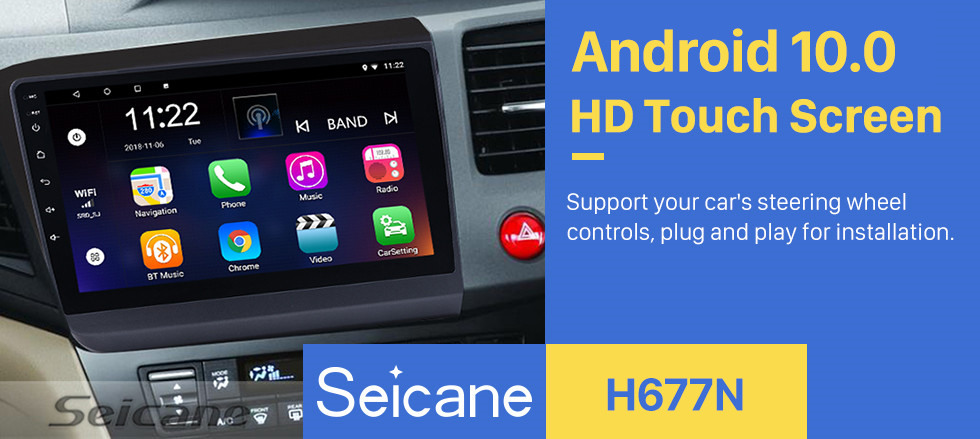 Seicane 2012 HONDA CIVIC 9 Inch Android 13.0 Radio Carplay GPS Navigation Bluetooth HD Touchscreen Mirror link USB WIFI Steering Wheel Control