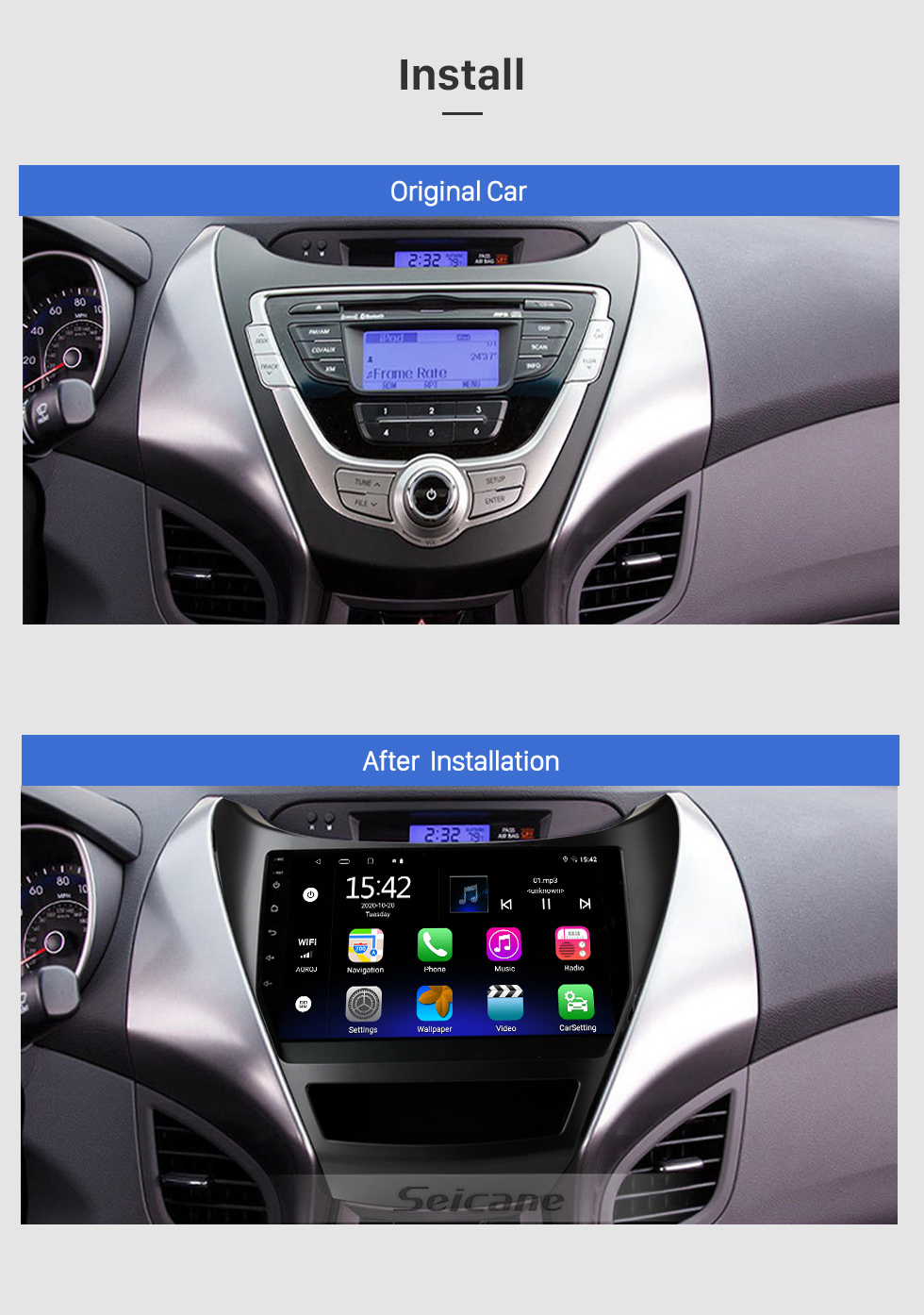 Seicane Android 10.0 2012-2014 Hyundai Elantra 9 inch HD Touchscreen Radio Bluetooth GPS Navigation Multimedia Player WIFI USB Carplay SWC support OBD DVR