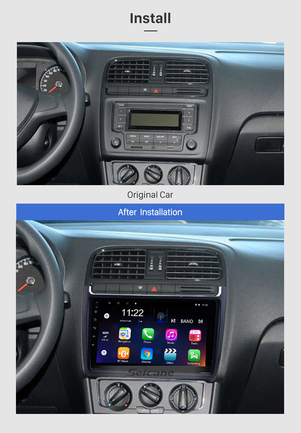 Seicane 9 Polegada 1024 * 600 Android 10.0 2012-2015 VW Volkswagen Polo Car Audio Navegação GPS Estéreo com 1080 P Vídeo Bluetooth Música RDS Radio LinkMirror controle de volante