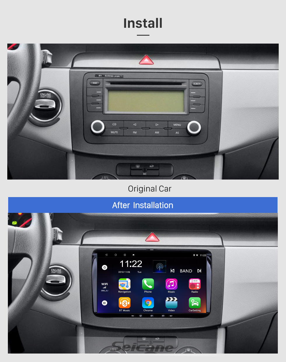 Seicane 9 Zoll Android 13.0 für VW Volkswagen Universal Stereo GPS Navigationssystem mit Bluetooth OBD2 DVR HD Touchscreen Rückfahrkamera