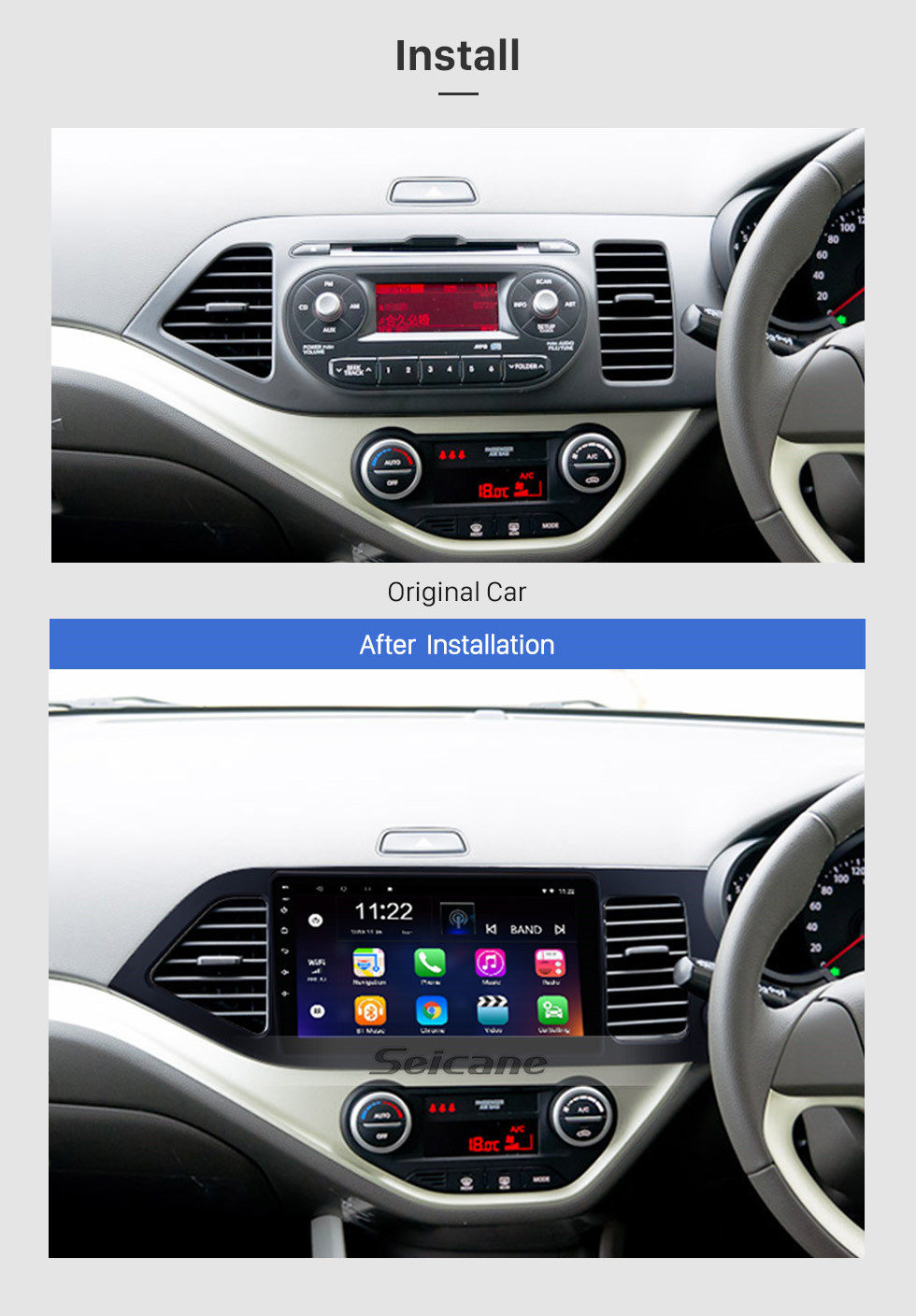 Seicane Android 10.0 Multimedia player para 2011-2014 KIA Picanto Manhã RHD 9 polegadas HD Touchscreen Rádio WIFI OBD2 Sistema de navegação GPS Bluetooth LinkMirror DVR Backup câmera TV USB HD 1080P Vídeo Controle de volante