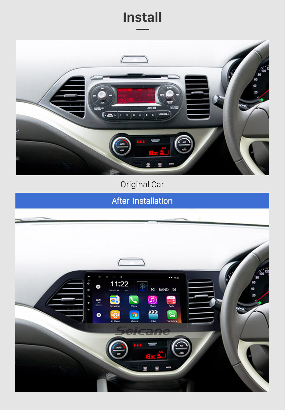 Seicane Мультимедийный проигрыватель Android 10.0 для 2011-2014 KIA Picanto Morning RHD 9-дюймовый HD-сенсорный экран Радио WIFI OBD2 Bluetooth GPS Навигационная система Зеркальная связь DVR Резервная камера ТВ USB HD 1080P Управление видео рулевого колеса