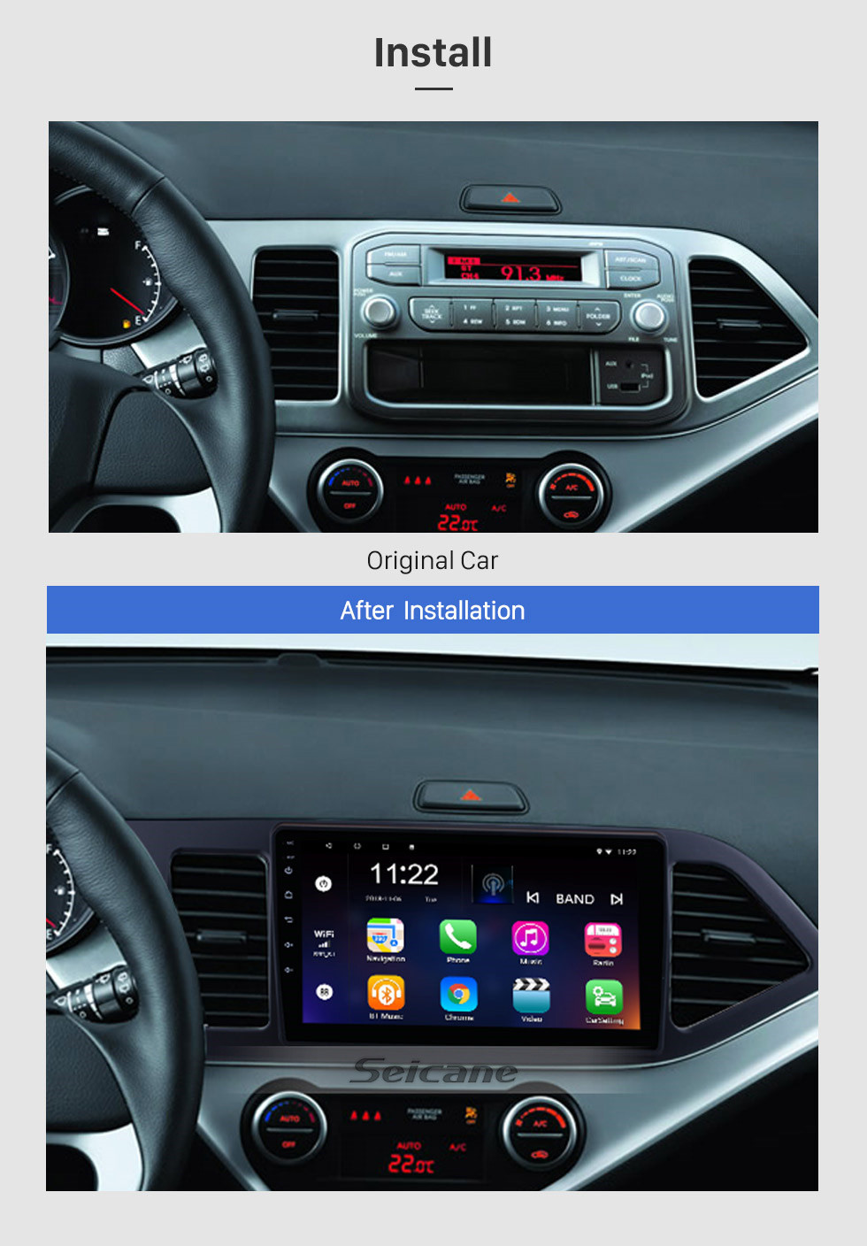 Seicane 9 pouces Android 13.0 GPS Radio pour 2011-2014 KIA PICANTO Matin (LHD) 1024 * 600 Écran tactile Système de navigation Bluetooth Lien de rétroviseur OBD2 DVR Caméra de recul TV 3G WIFI USB SD 16G Flash 1080P Vidéo