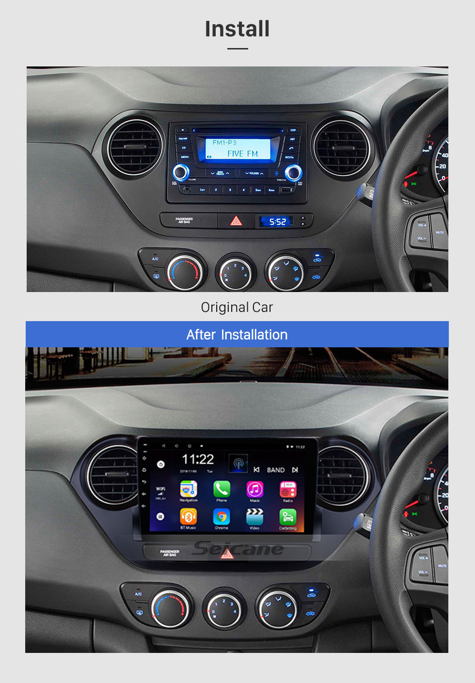 Seicane Écran tactile HD 9 pouces Android 10.0 2013-2016 HYUNDAI I10 Grand i10 RHD Radio de navigation GPS avec prise en charge Bluetooth WiFi Lien miroir Commande au volant