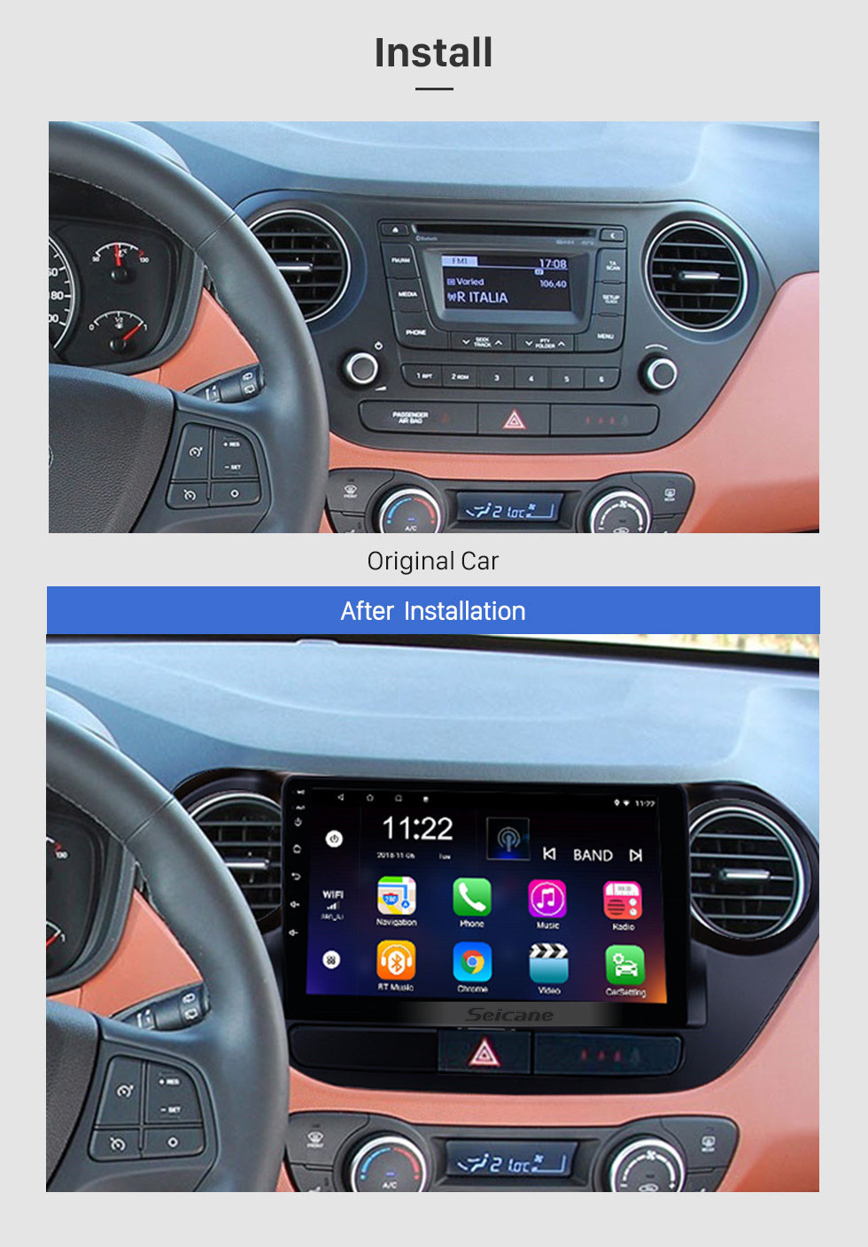 Seicane Hot Selling Android 10.0 2013-2016 HYUNDAI I10 LHD GPS Navigation Car Audio System Touch Screen AM FM Radio Bluetooth Music 3G WiFi OBD2 Mirror Link AUX Backup Camera USB