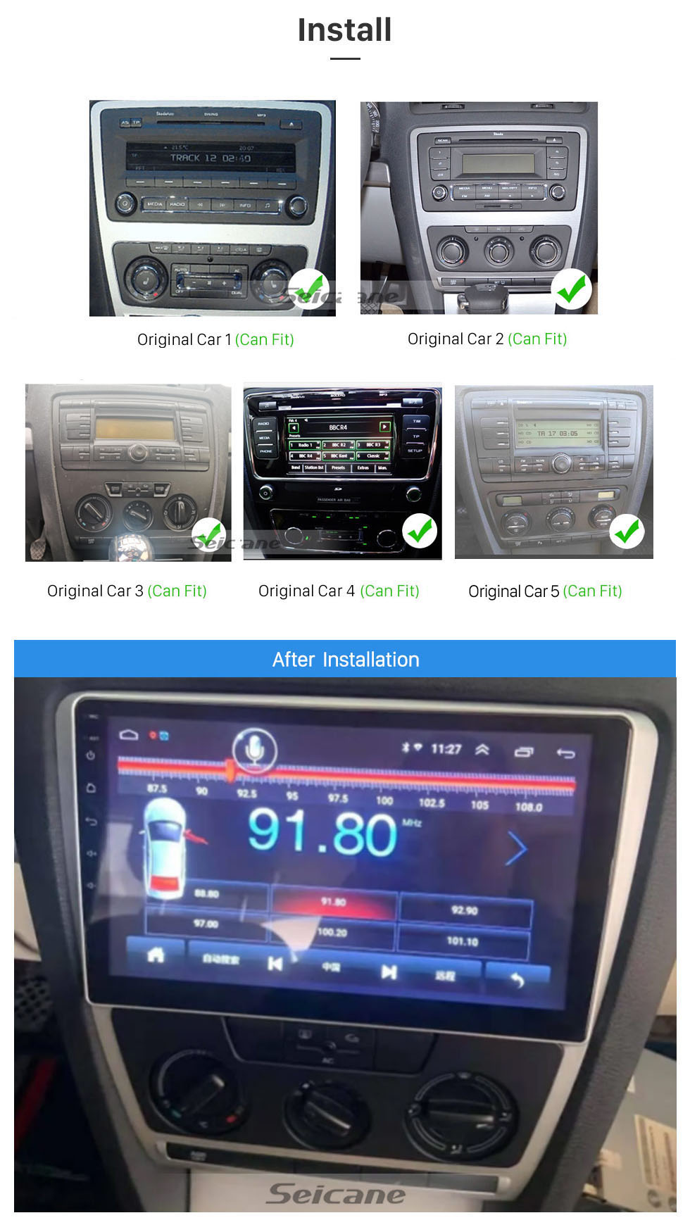 Seicane 10.1 pulgadas Android 13.0 HD Pantalla táctil 2007-2014 SKODA Octavia Radio GPS Bluetooth Unidad principal Mirror Link OBD2 TPMS DVR Cámara de vista trasera TV digital Control del volante 3G Wifi