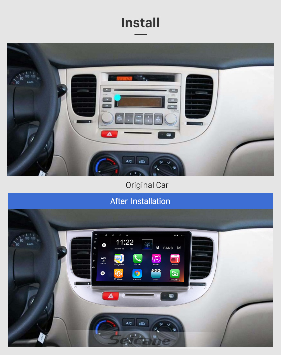 Seicane Écran tactile HD 9 pouces pour 2007 Kia Rio Radio Android 10.0 Système de navigation GPS avec prise en charge Bluetooth USB Caméra de recul Carplay