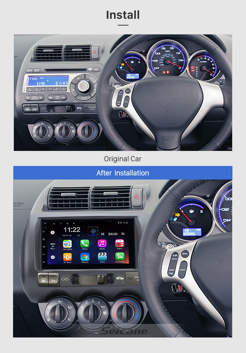 Seicane 2002-2008 HONDA Jazz (Manuel AC, RHD) Écran tactile HD de 7 pouces Système de navigation GPS stéréo Android 10.0 avec radio FM Musique Bluetooth Prise en charge de la liaison miroir WIFI TPMS Caméra de recul TV numérique USB