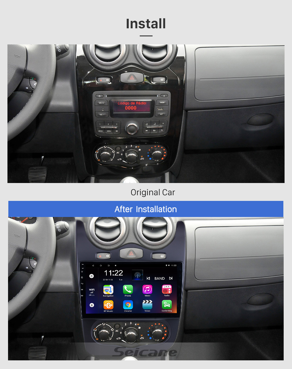 Seicane Pour 2014 Renault Sandero Radio 10.1 pouces Android 10.0 HD Système de navigation GPS à écran tactile avec prise en charge Bluetooth Carplay