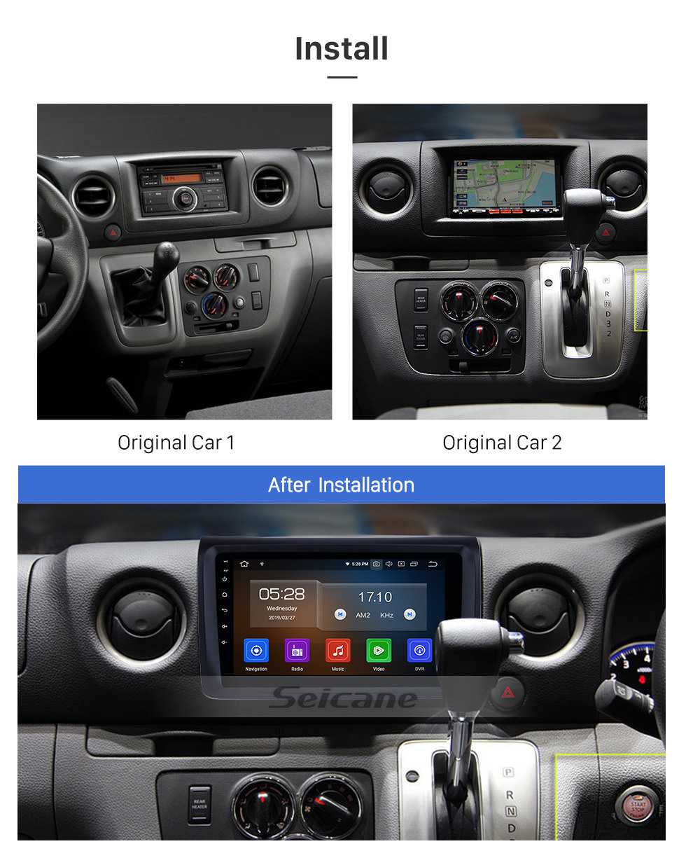 Seicane HD Touchscreen 9" Aftermarket Android 10.0 Car Stereo GPS Navi Head unit for NISSAN NV350 with Bluetooth music Wifi USB support DVD Player Carplay OBD Steering Wheel Control Digital TV Seicane HD Touchscreen 9" Aftermarket Android 10.0 Car Stereo GPS Navi Head unit for NISSAN NV350 with Bluetooth music Wifi USB support DVD Player Carplay OBD Steering Wheel Control Digital TV