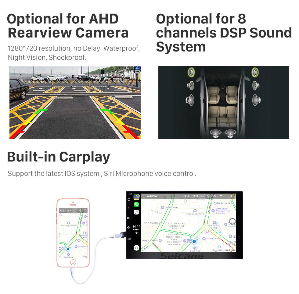 Seicane 6,2-дюймовый GPS-навигатор Универсальное радио Android 10.0 Bluetooth HD с сенсорным экраном AUX Carplay Music с поддержкой 1080P Цифровое телевидение Камера заднего вида