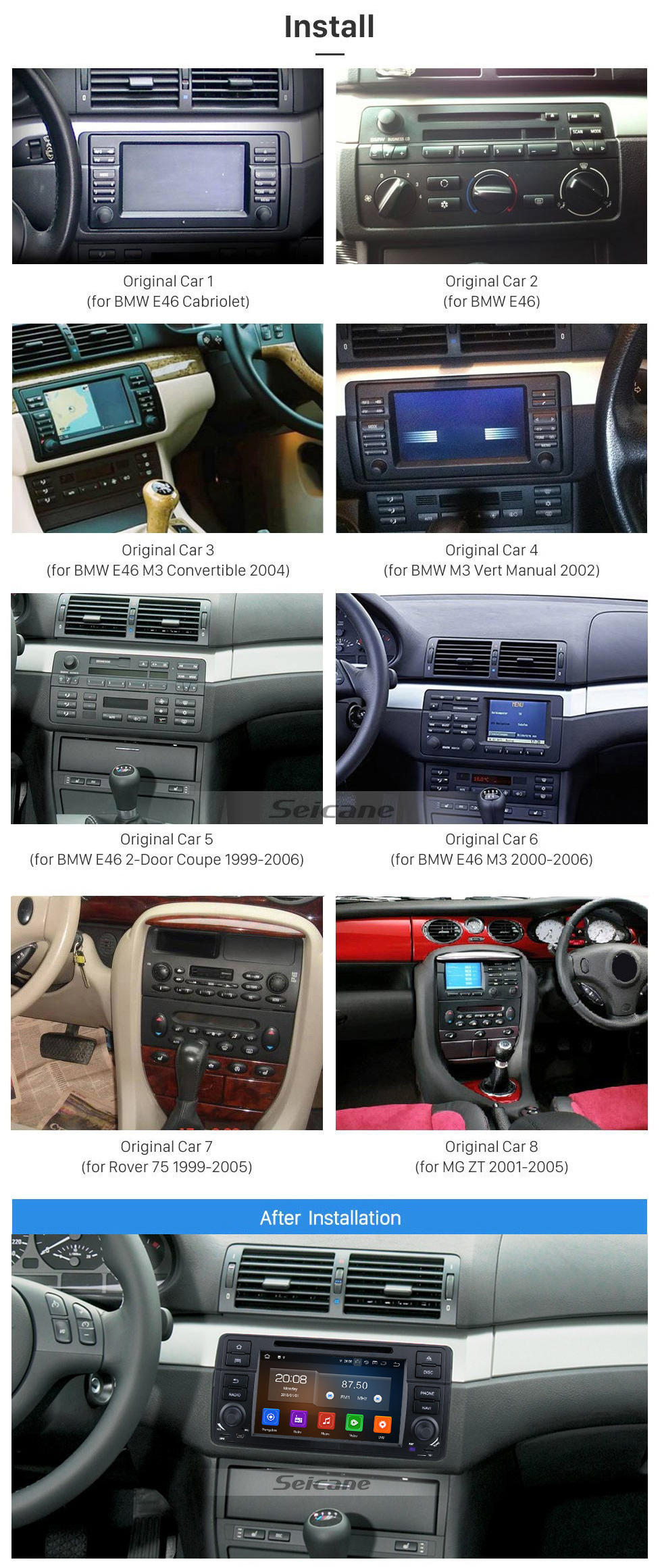 Seicane 7 pouces Android 10.0 Radio de navigation GPS pour 1999-2004 MG ZT avec écran tactile HD Carplay Bluetooth Music WIFI AUX support OBD2 SWC DAB + DVR TPMS