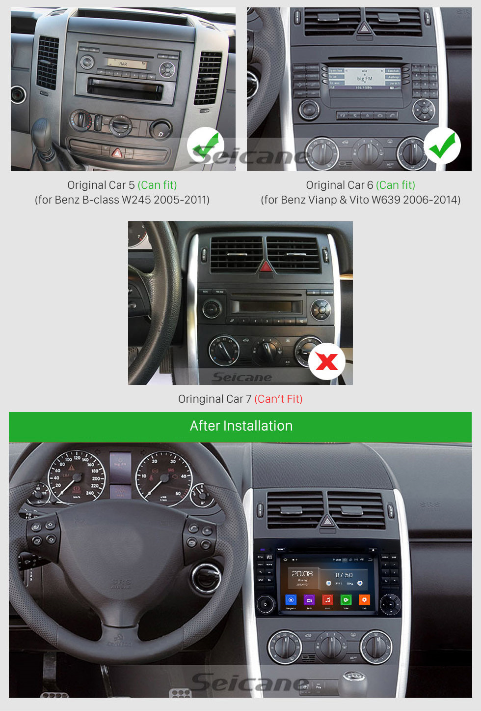 Seicane Radio de navigation GPS Android 10.0 9 pouces pour VW Volkswagen Crafter Mercedes Benz Viano / Vito / Classe B B55 / Sprinter / A Classe A160 avec support d&amp;#39;écran tactile WiFi Bluetooth Carplay DVR