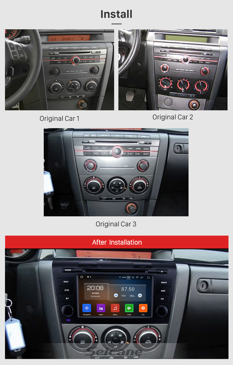 Seicane 7 pouces Android 10.0 Radio de navigation GPS pour Mazda 3 2007-2009 avec écran tactile HD Support Carplay Bluetooth Caméra arrière TV numérique