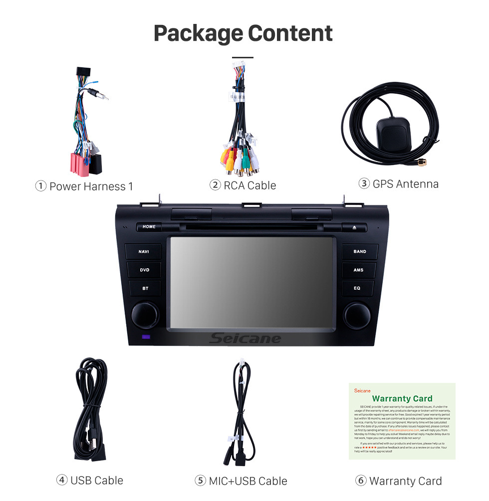 Seicane 7 pouces Android 10.0 Radio de navigation GPS pour Mazda 3 2007-2009 avec écran tactile HD Support Carplay Bluetooth Caméra arrière TV numérique