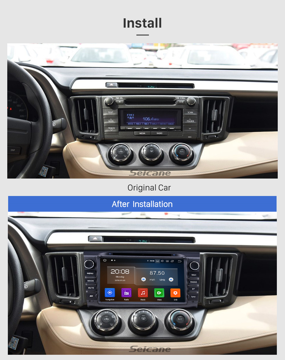 Seicane 8 pouces Android 10.0 Radio de navigation GPS pour Toyota RAV4 2013-2016 avec Carplay Bluetooth WIFI USB support Mirror Link