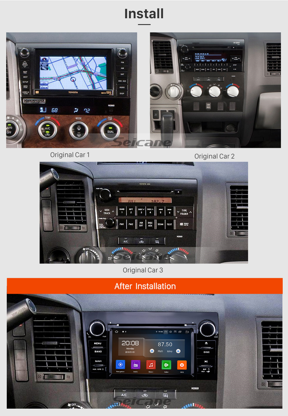 Seicane Radio de navegación GPS Android 10.0 de 7 pulgadas para Toyota Sequoia 2008-2015 / 2006-2013 Tundra Bluetooth HD Pantalla táctil Carplay USB AUX soporte DVR 1080P Video