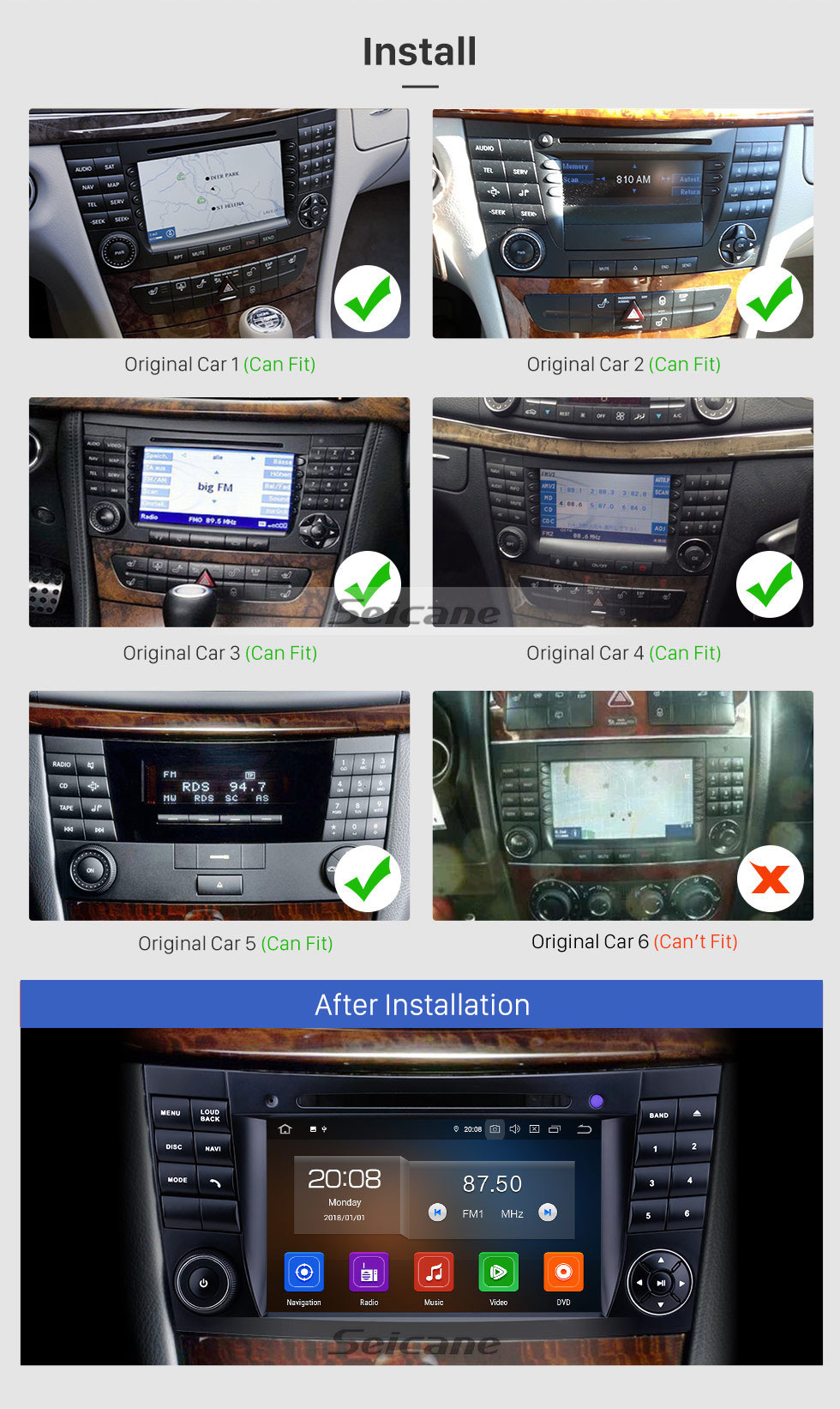 Seicane 7 pulgadas 2002-2008 Mercedes Benz W211 Pantalla táctil Android 10.0 Navegación GPS Radio Bluetooth Carplay Soporte USB TPMS Cámara de visión trasera OBD2 DVR