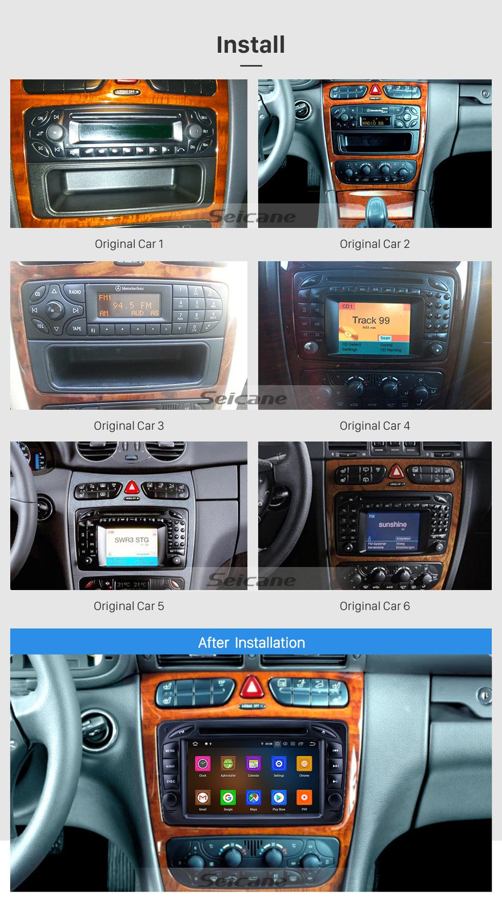 Seicane 7 pouces Android 10.0 HD Radio de navigation GPS à écran tactile pour 1998-2006 Mercedes Benz Classe CLK W209 / Classe G W463 avec prise en charge Bluetooth Carplay Vidéo 1080P