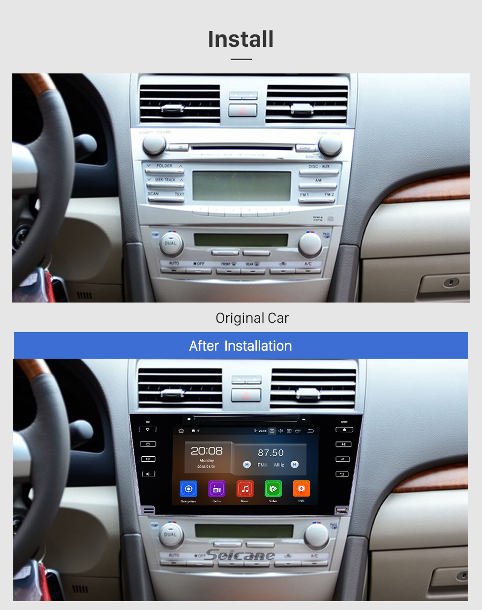 Seicane 8 polegadas 2007-2011 Toyota Camry Android 10.0 Navegação GPS Rádio Bluetooth HD Touchscreen AUX Carplay Suporte de música 1080 P TV digital Câmera traseira