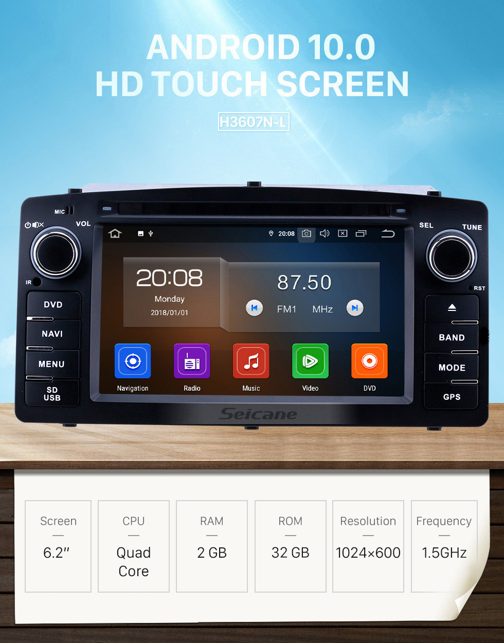 Seicane 6,2 Zoll Android 10.0 GPS Navigationsradio für Toyota Corolla 2003-2012 E120 BYD F3 mit HD Touchscreen Carplay Bluetooth Unterstützung TPMS