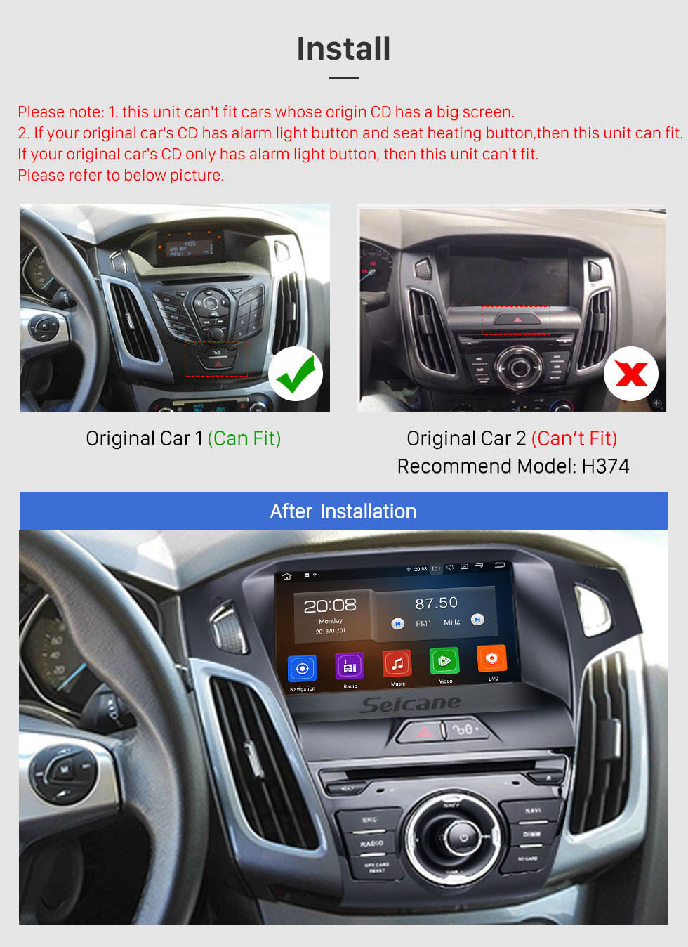 Seicane Écran tactile HD 8 pouces Android 10.0 pour 2011 2012 2013 Ford Focus avec système de navigation GPS Radio Support Bluetooth Carplay TV numérique