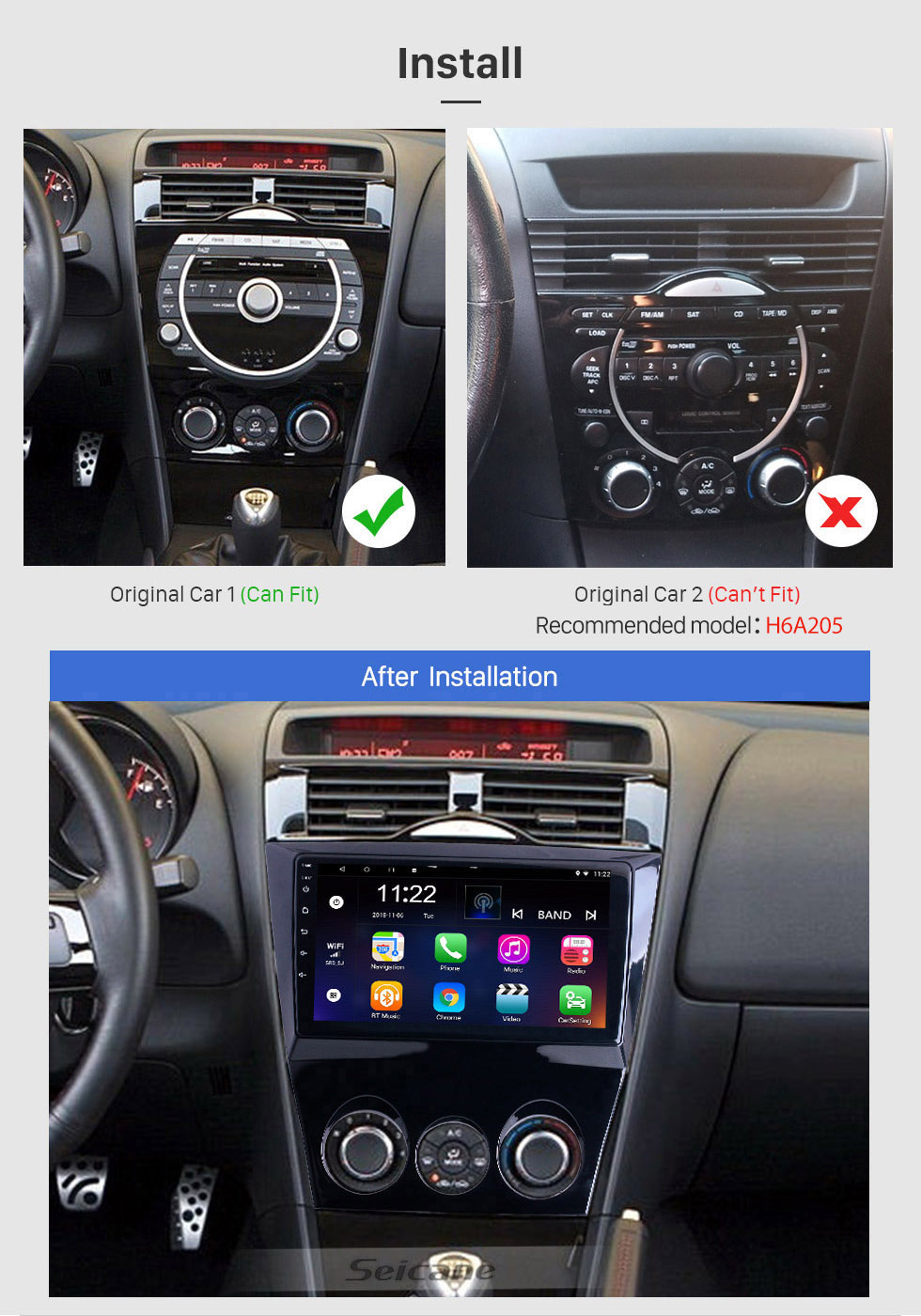 Seicane Android 12.0 9 Zoll für 2003–2010 Mazda RX8 Radio HD Touchscreen GPS-Navigationssystem mit Bluetooth-Unterstützung Carplay Rückfahrkamera