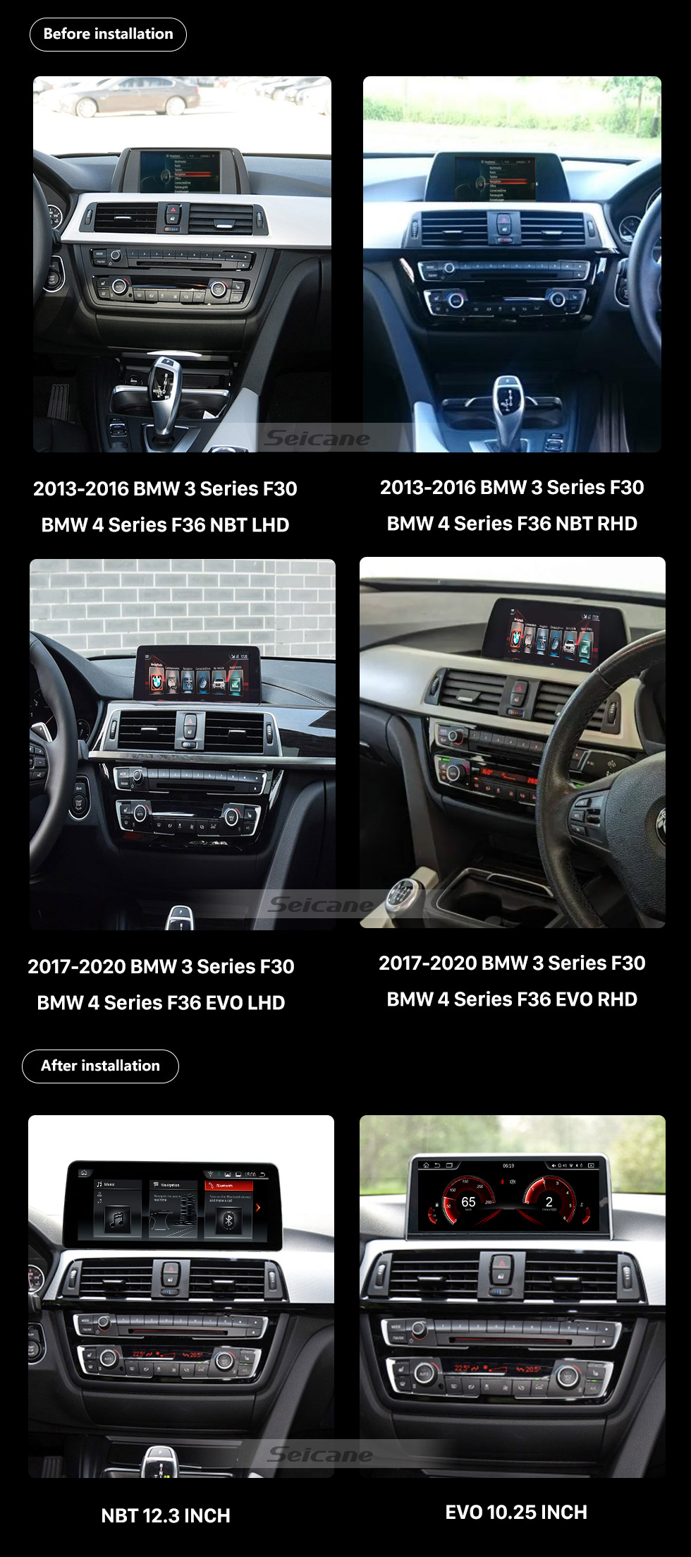 Seicane Pantalla táctil HD Android 11.0 de 12.3 pulgadas para 2013-2017 2018 2019 2020 BMW Serie 3 F30 BMW Serie 4 F36 Sistema de posventa Radio Estéreo para automóvil Sistema de navegación GPS Soporte Bluetooth WIFI Control del volante