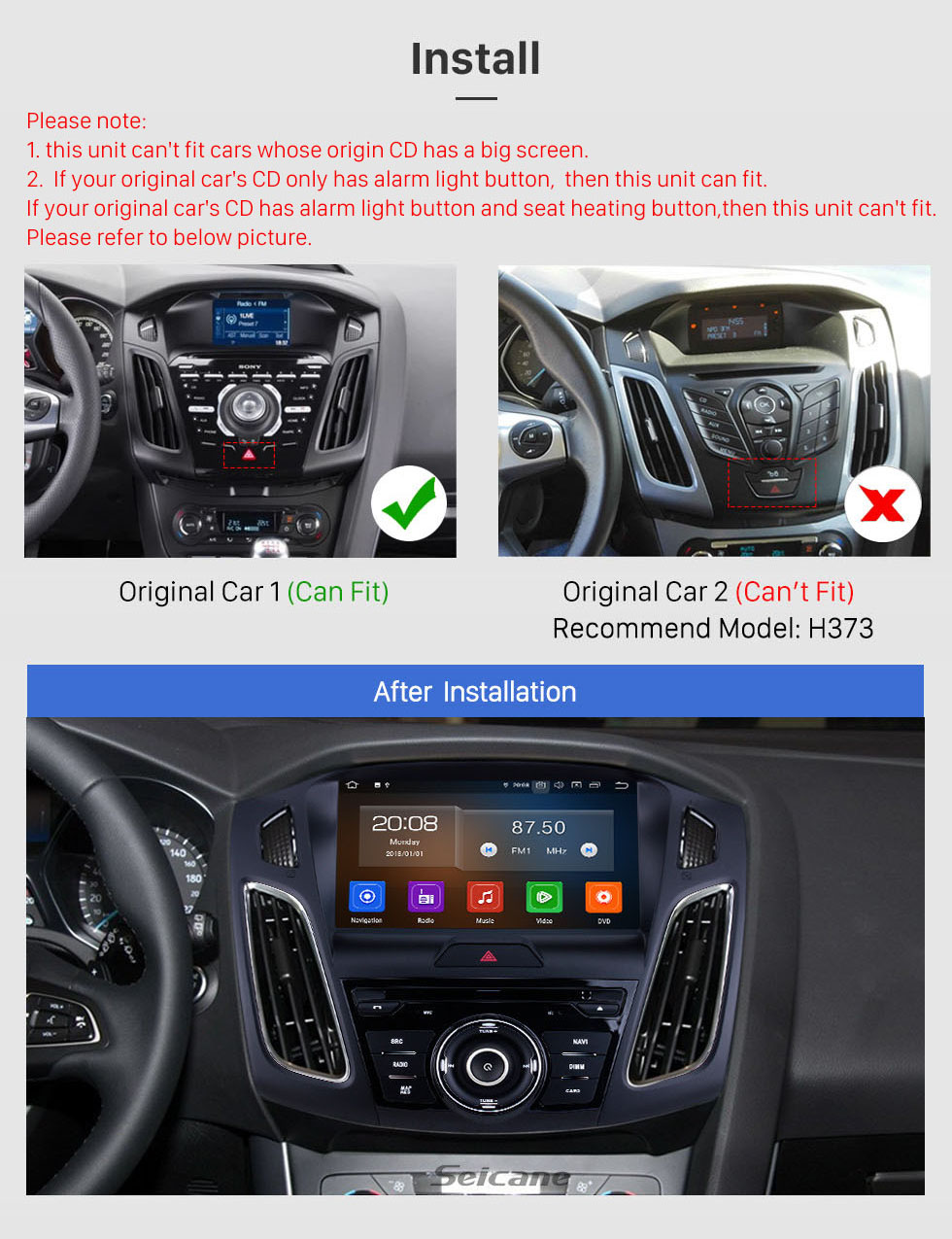 Seicane Android 10.0 Para 2015 Ford Focus Radio 9 polegada Sistema de Navegação GPS Bluetooth HD Touchscreen Carplay suporte Controle de Volante DSP