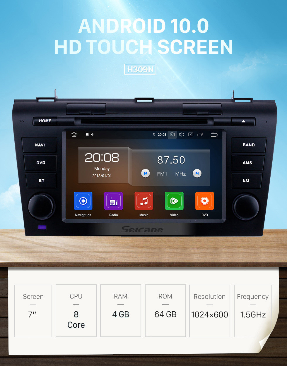 Seicane 7-дюймовый Android 10.0 GPS-навигатор для 2007-2009 Mazda 3 с сенсорным экраном HD Carplay Bluetooth WIFI с поддержкой OBD2 1080P DVR