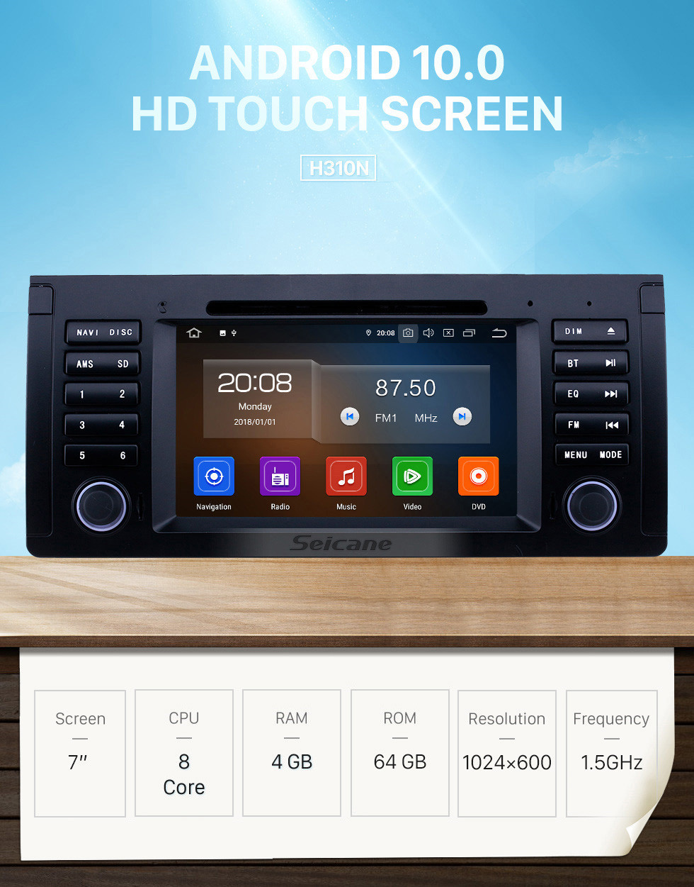 Seicane 7 pouces Android 10.0 Radio de navigation GPS pour 1996-2003 BMW Série 5 E39 avec USB AUX Bluetooth Wifi HD Écran tactile Carplay support TPMS TV numérique