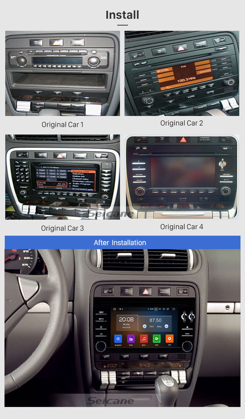 Seicane 7 pouces Android 10.0 HD écran tactile 2003-2011 Porsche Cayenne Radio de navigation GPS avec WiFi Bluetooth Carplay Mirror Link Support OBD2 Caméra de recul DVR 1080P