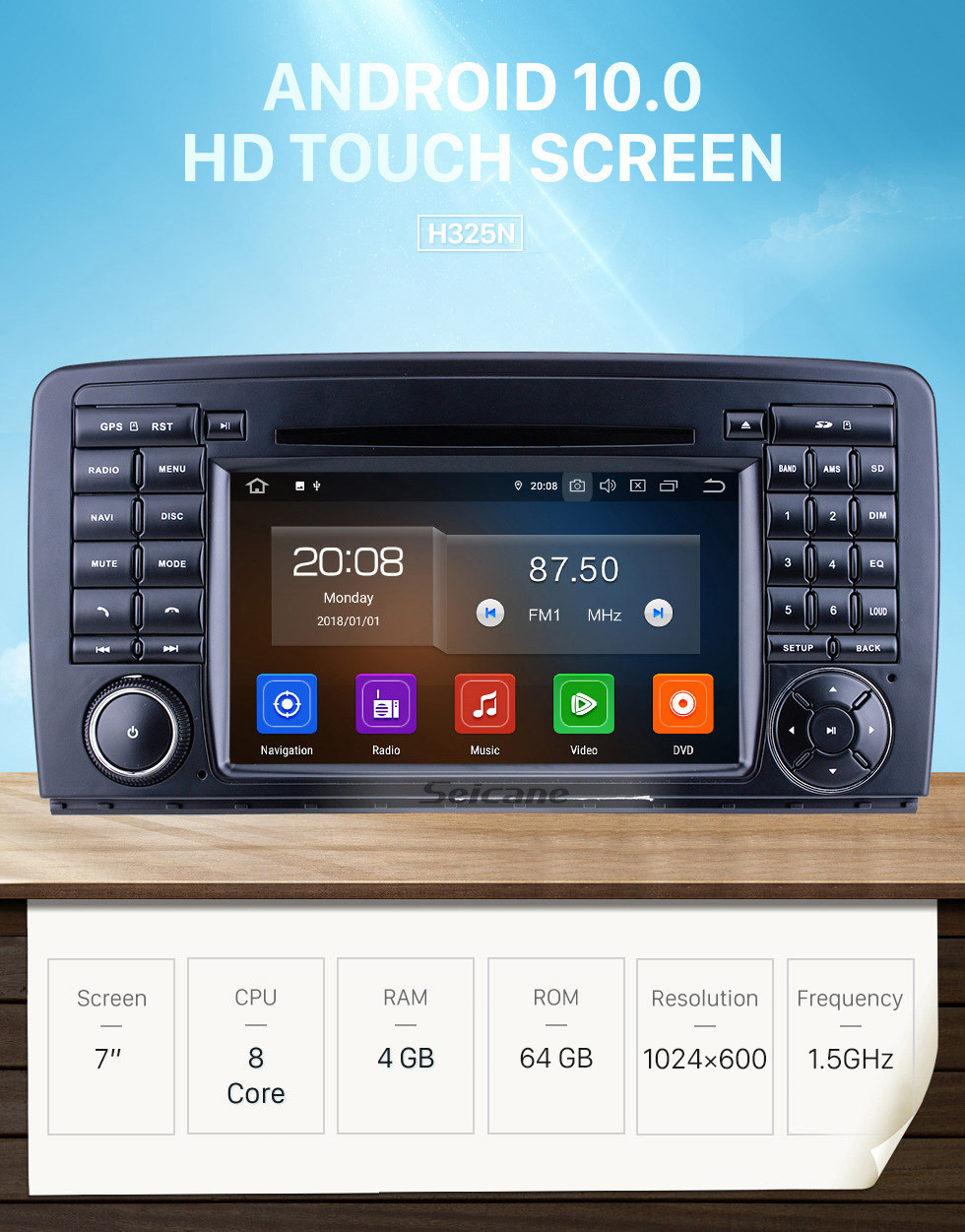 Seicane 7 polegadas Android 10.0 para 2006 2007 2008-2013 Mercedes Benz Classe R W251 R280 R300 R320 R350 R500 R63 Rádio Navegação GPS com tela sensível ao toque HD Carplay Suporte Bluetooth DVR