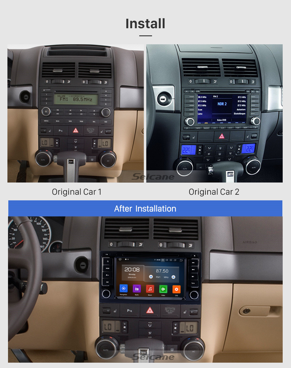 Seicane Écran tactile HD 7 pouces Android 10.0 pour VW Volkswagen 2004 2005 2006-2011 Touareg 2009 T5 Multivan / Transporter Système de navigation GPS Radio avec prise en charge Bluetooth Carplay DAB +