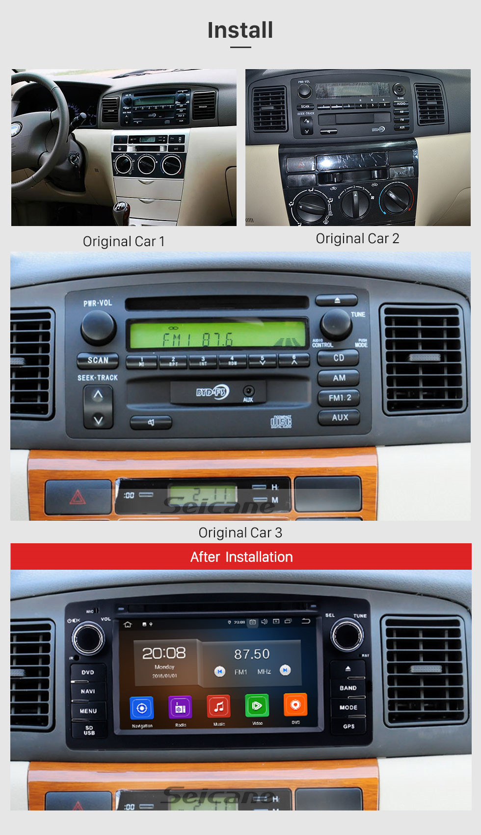 Seicane 2003-2012 Toyota Corolla E120 BYD F3 6.2 inch Android 10.0 GPS Navigation Radio with HD Touchscreen Carplay Bluetooth support OBD2 Seicane 2003-2012 Toyota Corolla E120 BYD F3 6.2 inch Android 10.0 GPS Navigation Radio with HD Touchscreen Carplay Bluetooth support OBD2