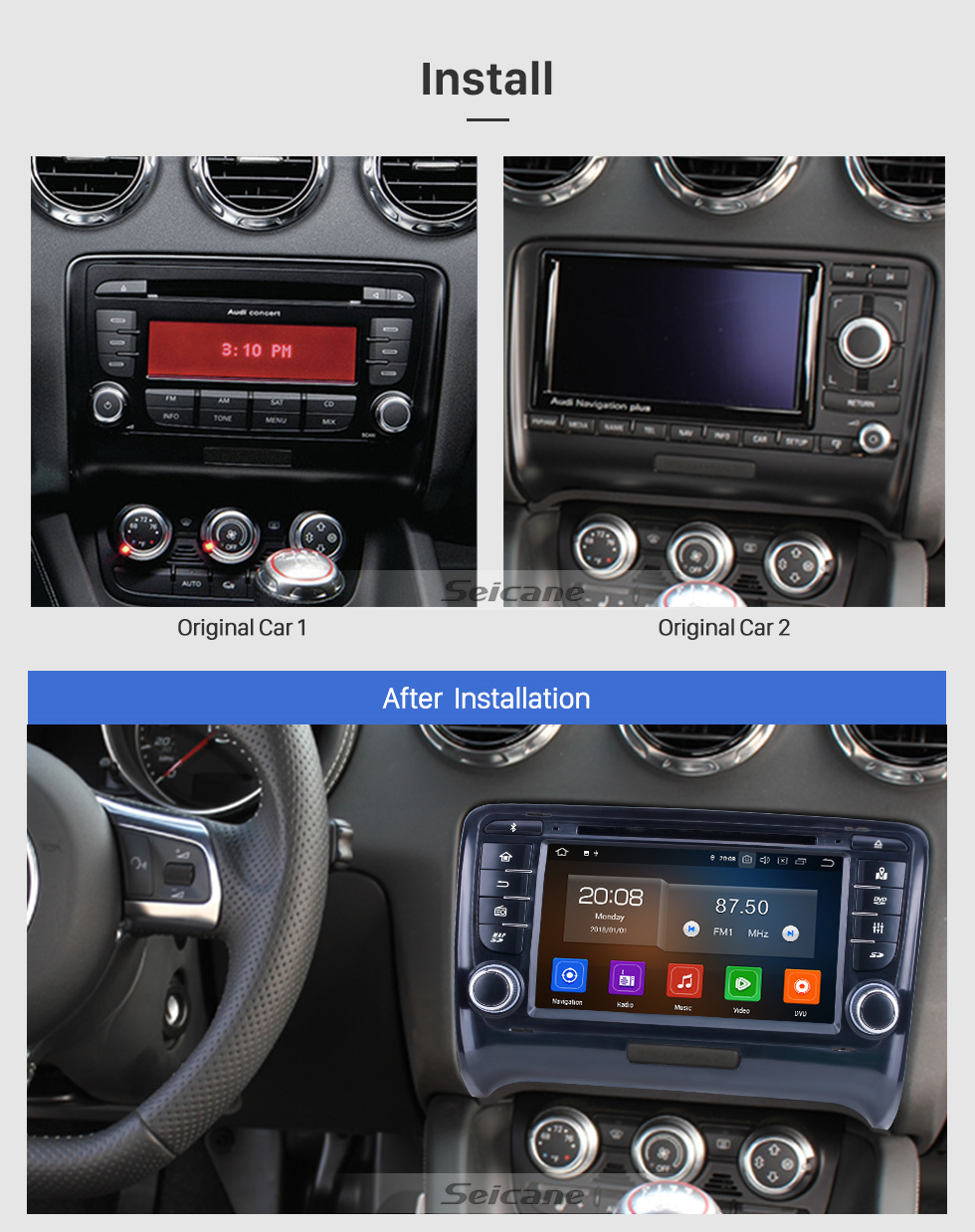 Seicane OEM 7 inch Android 10.0 for 2011 Audi TT Radio Bluetooth HD Touchscreen GPS Navigation System Carplay support DVR 1080P Video Seicane OEM 7 inch Android 10.0 for 2011 Audi TT Radio Bluetooth HD Touchscreen GPS Navigation System Carplay support DVR 1080P Video