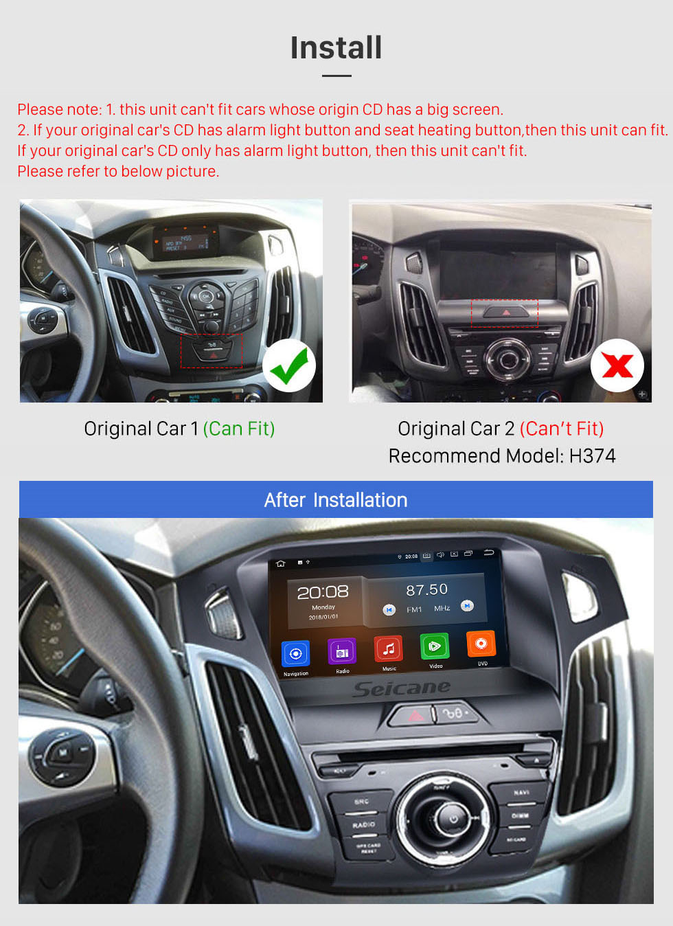 Seicane 9-дюймовый Android 10.0 GPS-навигационная система Радио на 2011 2012 2013 Ford Focus с сенсорным экраном HD Carplay Поддержка Bluetooth 1080P DVR