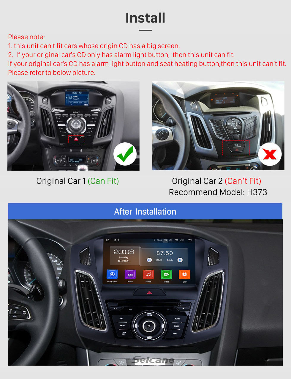 Seicane OEM 9 inch Android 10.0 for 2015 Ford Focus Radio Bluetooth HD Touchscreen GPS Navigation System Carplay support DVR 1080P Video