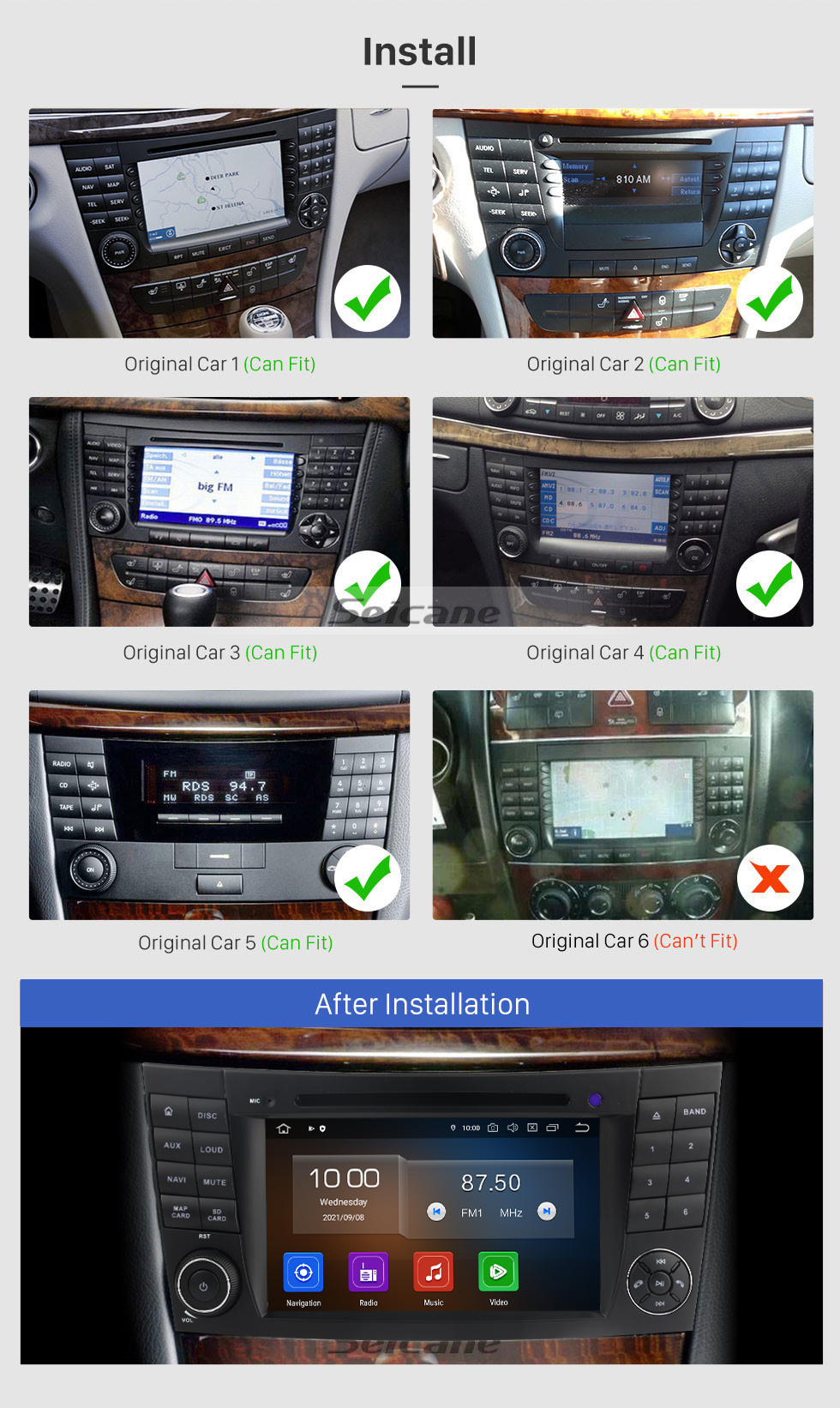 Seicane 7 polegadas 2004-2011 Mercedes Benz CLS W219 Android 11.0 Navegação GPS Rádio Bluetooth HD Touchscreen AUX WIFI Suporte de reprodução OBD2 Câmera de backup