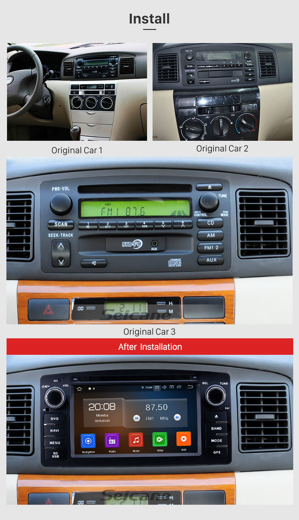 Seicane 2003-2012 Toyota Corolla E120 BYD F3 6,2-дюймовый Android 11.0 GPS-навигация Радио с HD сенсорным экраном Carplay Поддержка Bluetooth OBD2