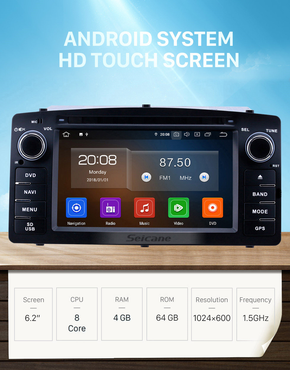 Seicane 2003-2012 Toyota Corolla E120 BYD F3 6,2 Zoll Android 9,0 GPS Navigationsradio mit HD Touchscreen Carplay Bluetooth Unterstützung OBD2