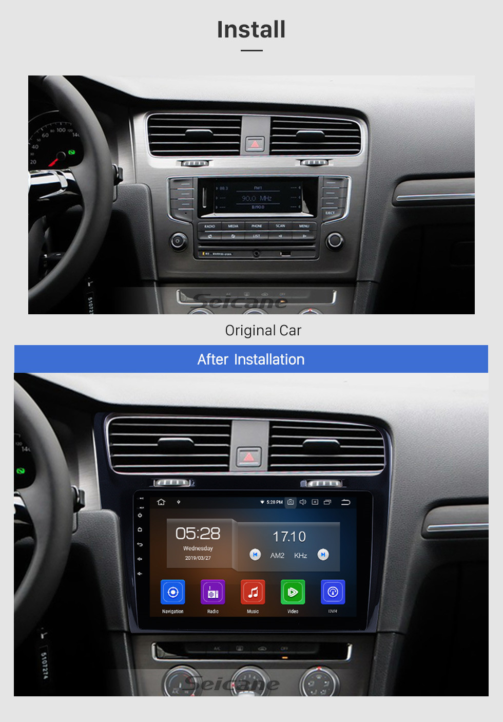 Seicane 10.1 Inch OEM Android 10.0 Radio GPS Navigation system For 2013 2014 2015 VW Volkswagen GOLF 7 LHD Bluetooth HD Touch Screen WiFi Music SWC TPMS DVR OBD II Rear camera AUX 1080P Video USB Carplay