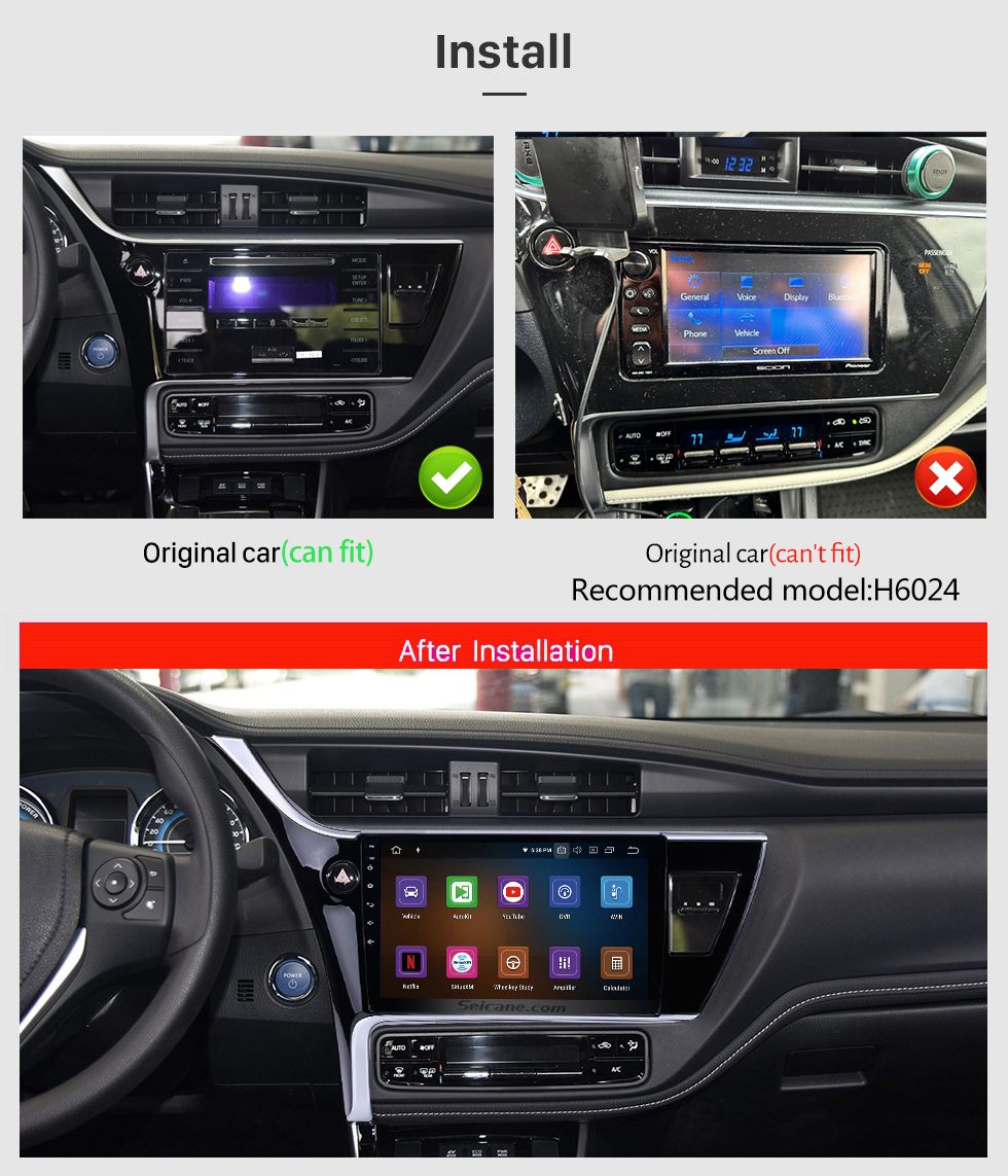 Seicane Tout en un Android 13.0 10,1 pouces HD Radio à écran tactile pour Toyota Corolla Altis 11 Auris E170 E180 2017 2018 2019 Voiture GPS Navi Unité principale Commande au volant Blaetooth Phong Musique USB Wifi Prise en charge de Carplay