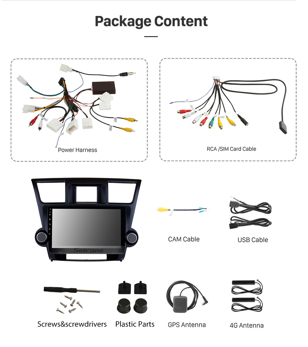 Seicane Pantalla táctil HD de 10.1 pulgadas 2009-2014 Toyota Highlander Android 13.0 Navegación GPS Radio Buletooth Música 4G Wifi Cámara de respaldo WIFI DVR Control del volante