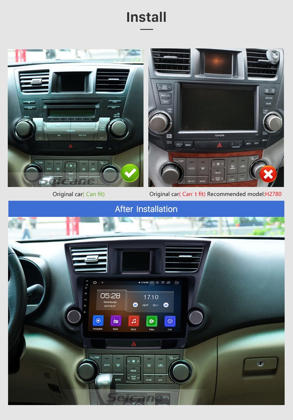 Seicane 10.1 pulgadas Android 13.0 2008 2009 2010 2011-2014 TOYOTA HIGHLANDER Navegación GPS Bluetooth Radio WIFI USB Reproductor de DVD Soporte Cámara de respaldo DVR OBD2 1080P Video HD TV