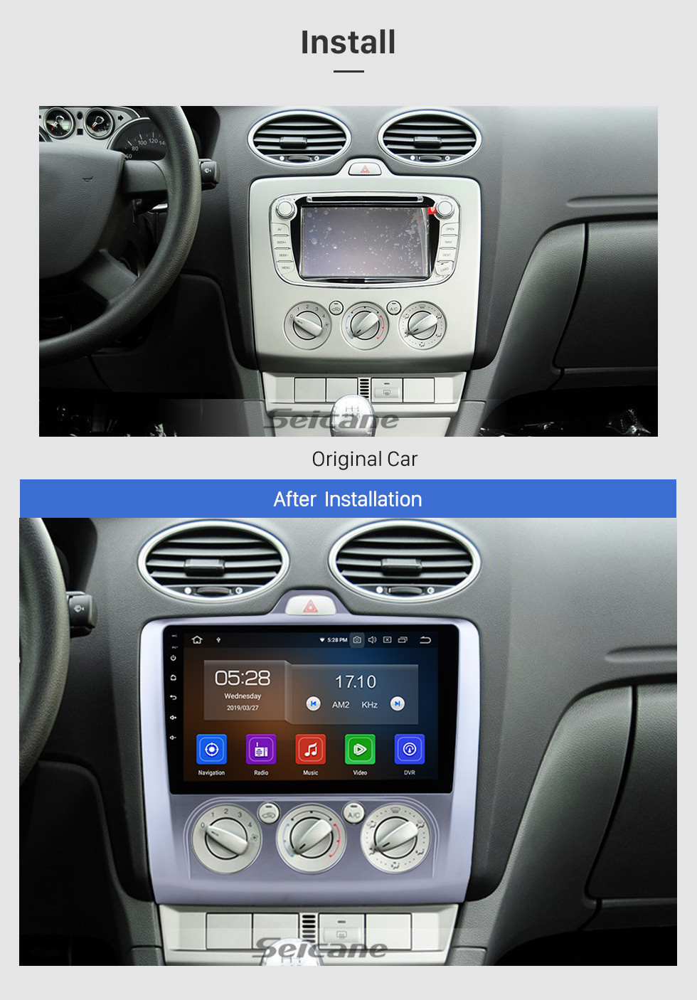 Seicane 9 Inch OEM Android 10.0 Radio 2004-2011 Ford FOCUS EXI MT 2 3 Mk2/Mk3 Manual air condition GPS Navigation system Bluetooth Touch Screen TPMS DVR OBD II Rear camera AUX 3G WiFi HD 1080P Video 