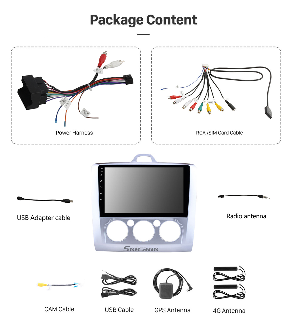 Seicane 9 Inch OEM Android 10.0 Radio 2004-2011 Ford FOCUS EXI MT 2 3 Mk2/Mk3 Manual air condition GPS Navigation system Bluetooth Touch Screen TPMS DVR OBD II Rear camera AUX 3G WiFi HD 1080P Video 