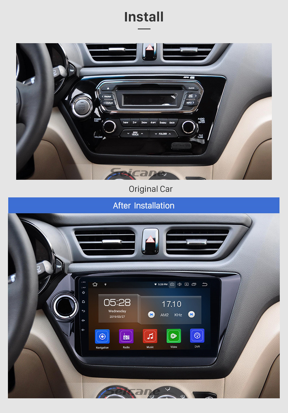 Seicane 9 pouces Aftermarket Android 11.0 Radio système de navigation GPS pour 2012-2015 KIA K2 RIO HD écran tactile TPMS DVR OBD II Commande au volant USB Bluetooth WiFi Vidéo AUX Caméra arrière