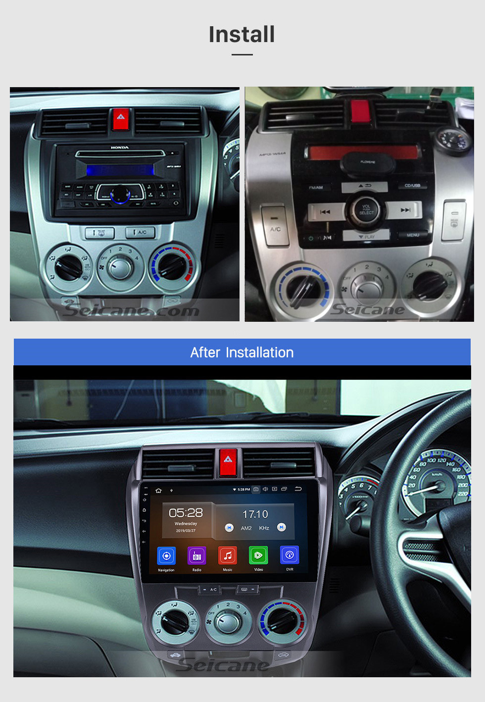 Seicane HD 1024 * 600 Pantalla táctil 2008-2013 HONDA CITY 10.1 pulgadas Radio Reproductor de DVD Android 12.0 Sistema de navegación GPS con Wifi Cámara de respaldo Bluetooth Mirror Link OBD2 DAB + DVR Control del volante